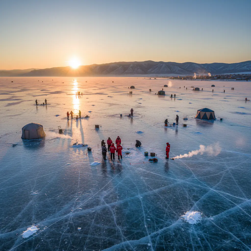 Frozen lake tournament at dawn
